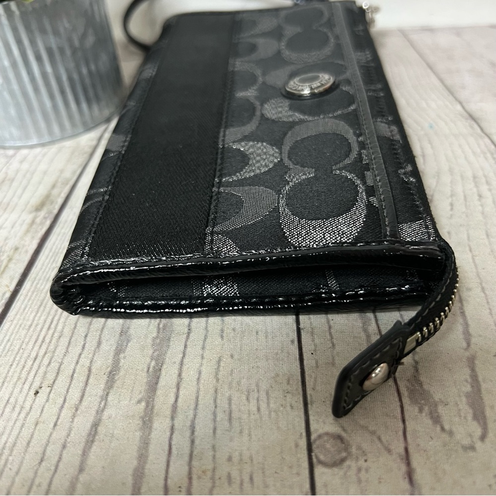 Coach Black Silver Signature Monogram Canvas Stripe Wristlet Wallet Metallic - Picture 14 of 15